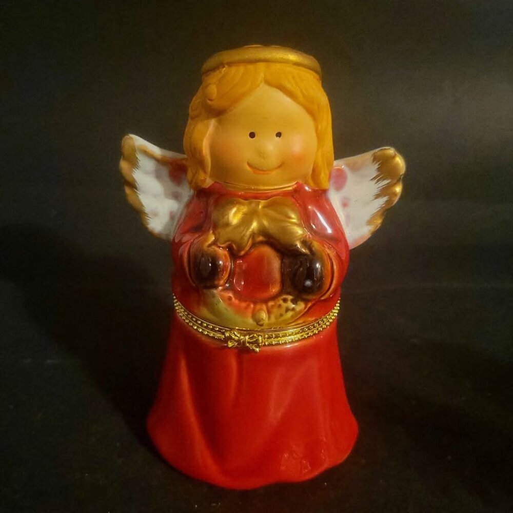 Porcelain Limoge Hinged Trinket Box Christmas Angel Figurine Holding A Wreath